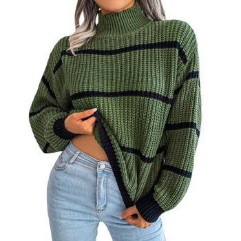 Дамски трикотажни пуловери с дълъг ръкав и дълъг фенер, плетен пуловер с принт на райета с полуводолазка BJS-3003