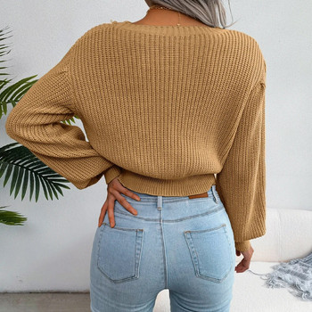 Дамски ежедневни плетени пуловери с фенер с дълъг ръкав и тънка талия за есен-зима 2023 г.