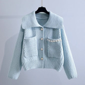 Sieviešu džemperis 2023. gada rudenī, jauns korejiešu leļļu apkakle ar garām piedurknēm, trikotāžas jaciņa, sieviešu virsdrēbes, ikdienas trikotāžas apģērbs.