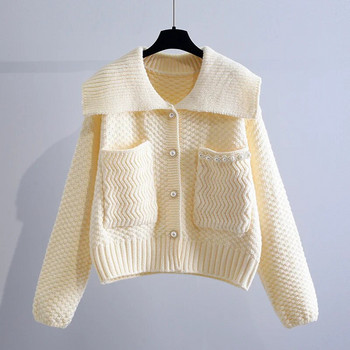 Дамски пуловер 2023 Есен Нов корейски плетена жилетка с яка за кукли с дълги ръкави Дамски ежедневни трикотажни дамски горни дрехи