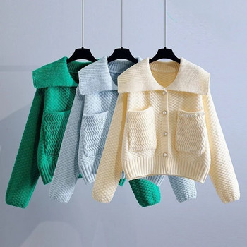 Дамски пуловер 2023 Есен Нов корейски плетена жилетка с яка за кукли с дълги ръкави Дамски ежедневни трикотажни дамски горни дрехи