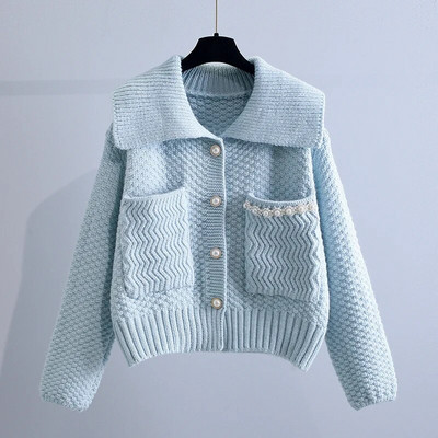 Sieviešu džemperis 2023. gada rudenī, jauns korejiešu leļļu apkakle ar garām piedurknēm, trikotāžas jaciņa, sieviešu virsdrēbes, ikdienas trikotāžas apģērbs.