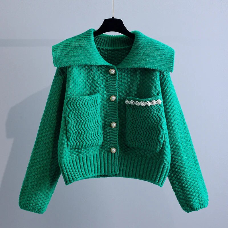 Sieviešu džemperis 2023. gada rudenī, jauns korejiešu leļļu apkakle ar garām piedurknēm, trikotāžas jaciņa, sieviešu virsdrēbes, ikdienas trikotāžas apģērbs.