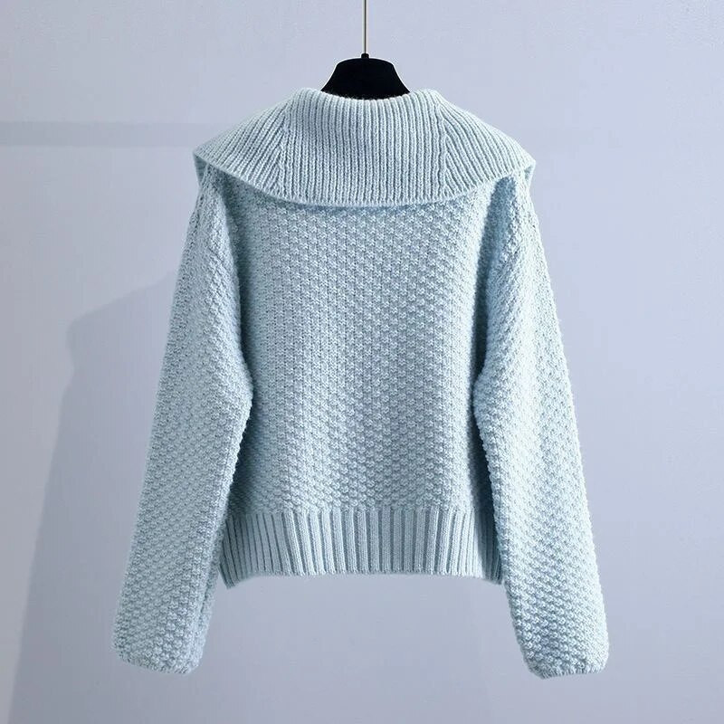 Sieviešu džemperis 2023. gada rudenī, jauns korejiešu leļļu apkakle ar garām piedurknēm, trikotāžas jaciņa, sieviešu virsdrēbes, ikdienas trikotāžas apģērbs.