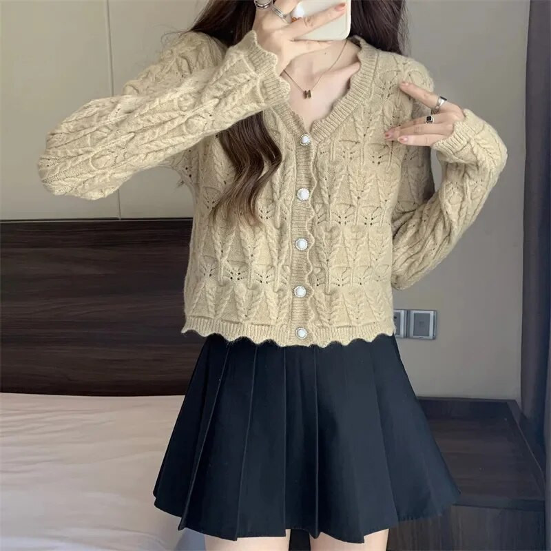 2023. gada jaunais pavasara rudens džempera jaka sieviešu modes slaids ar garām piedurknēm, ikdienas trikotāžas mētelis ar V veida kakla izgriezumu, sieviešu topi