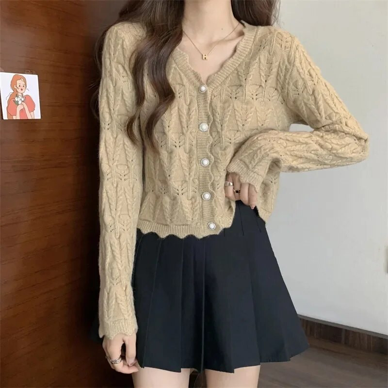 2023. gada jaunais pavasara rudens džempera jaka sieviešu modes slaids ar garām piedurknēm, ikdienas trikotāžas mētelis ar V veida kakla izgriezumu, sieviešu topi