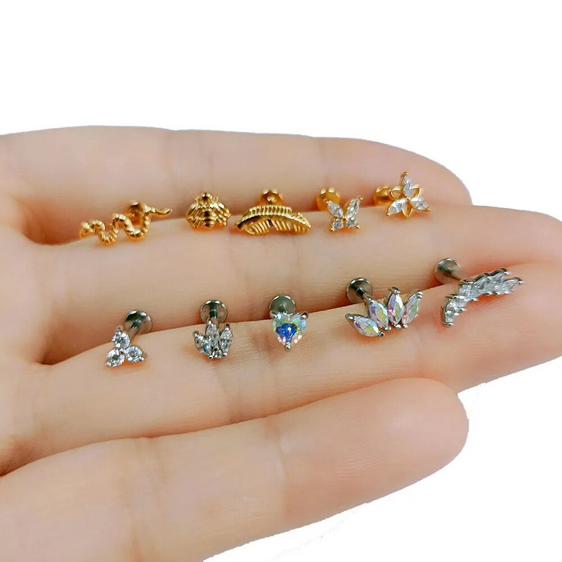 Flower Moon Butterfly Labret Stud Cross Claw Leaf Daith Conch Stud σκουλαρίκι κορώνα CZ Εσωτερικό νήμα Piercing Χειρουργικό ατσάλι