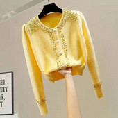 Γυναικείο πουλόβερ 2023 Φθινόπωρο με νέα χάντρες με καρφιά με στρογγυλή λαιμόκοψη μονόστητο κοντό πλεκτό ζακέτα Γυναικεία casual πλεκτά παντός τύπου