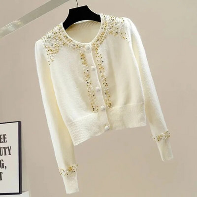 Γυναικείο πουλόβερ 2023 Φθινόπωρο με νέα χάντρες με καρφιά με στρογγυλή λαιμόκοψη μονόστητο κοντό πλεκτό ζακέτα Γυναικεία casual πλεκτά παντός τύπου