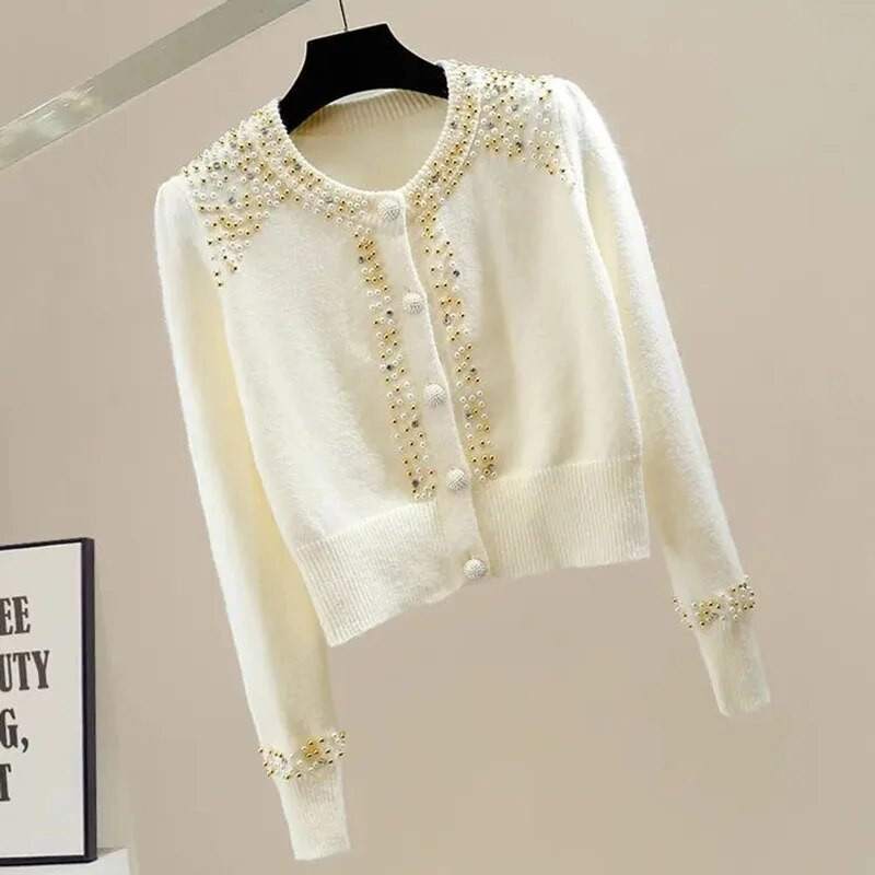 Γυναικείο πουλόβερ 2023 Φθινόπωρο με νέα χάντρες με καρφιά με στρογγυλή λαιμόκοψη μονόστητο κοντό πλεκτό ζακέτα Γυναικεία casual πλεκτά παντός τύπου