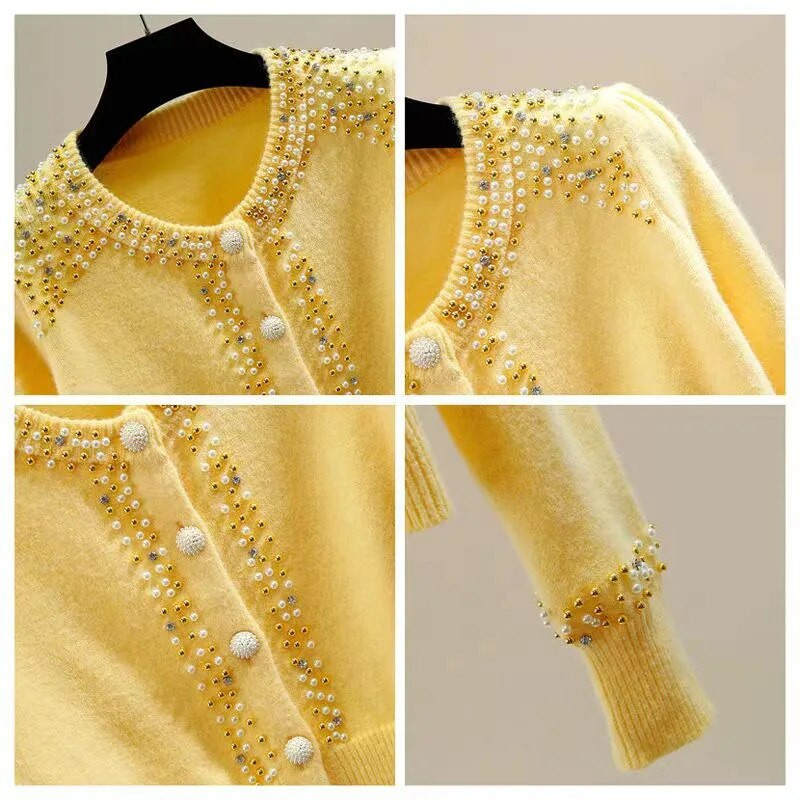 Γυναικείο πουλόβερ 2023 Φθινόπωρο με νέα χάντρες με καρφιά με στρογγυλή λαιμόκοψη μονόστητο κοντό πλεκτό ζακέτα Γυναικεία casual πλεκτά παντός τύπου