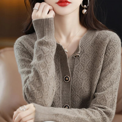 Sieviešu jaka Jauns 2023. gada rudens brīvs adījums, izgriezts ar garām piedurknēm, trikotāžas džemperis, sieviešu ikdienas, silts trikotāža