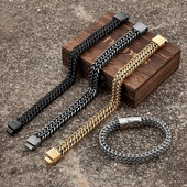 MKENDN Vintage Oxidized Cool Διπλή Αλυσίδα Κράσπεδο Βραχιόλια για Ανδρικά Ανοξείδωτα Punk Αντίκα κυβικά Magnic κούμπωμα Αρσενικό Pulseira