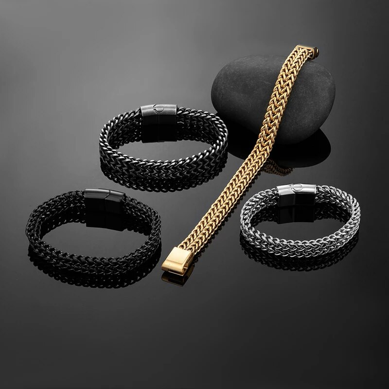 MKENDN Vintage Oxidized Cool Διπλή Αλυσίδα Κράσπεδο Βραχιόλια για Ανδρικά Ανοξείδωτα Punk Αντίκα κυβικά Magnic κούμπωμα Αρσενικό Pulseira