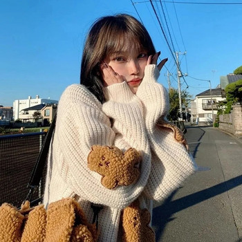 Сладък анимационен пуловер с мече Дамски сладки плетени пуловери Японски Harajuku Големи трикотажни облекла Корейски свободни ежедневни пуловери