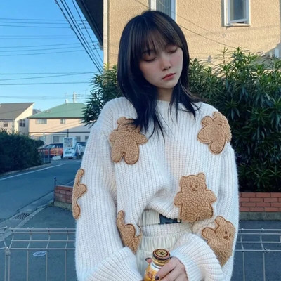 Édes rajzfilm medve pulóver női aranyos kötött pulóverek japán harajuku túlméretezett kötöttáru Koreai laza alkalmi pulóverek