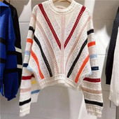 Rudens un ziemas āķis zieds Dobs Sikspārnis Piedurknes Varavīksnes Trikotāža Sieviešu svītras Korejas modes džemperis ar O veida kakla izgriezumu