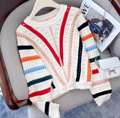 Rudens un ziemas āķis zieds Dobs Sikspārnis Piedurknes Varavīksnes Trikotāža Sieviešu svītras Korejas modes džemperis ar O veida kakla izgriezumu