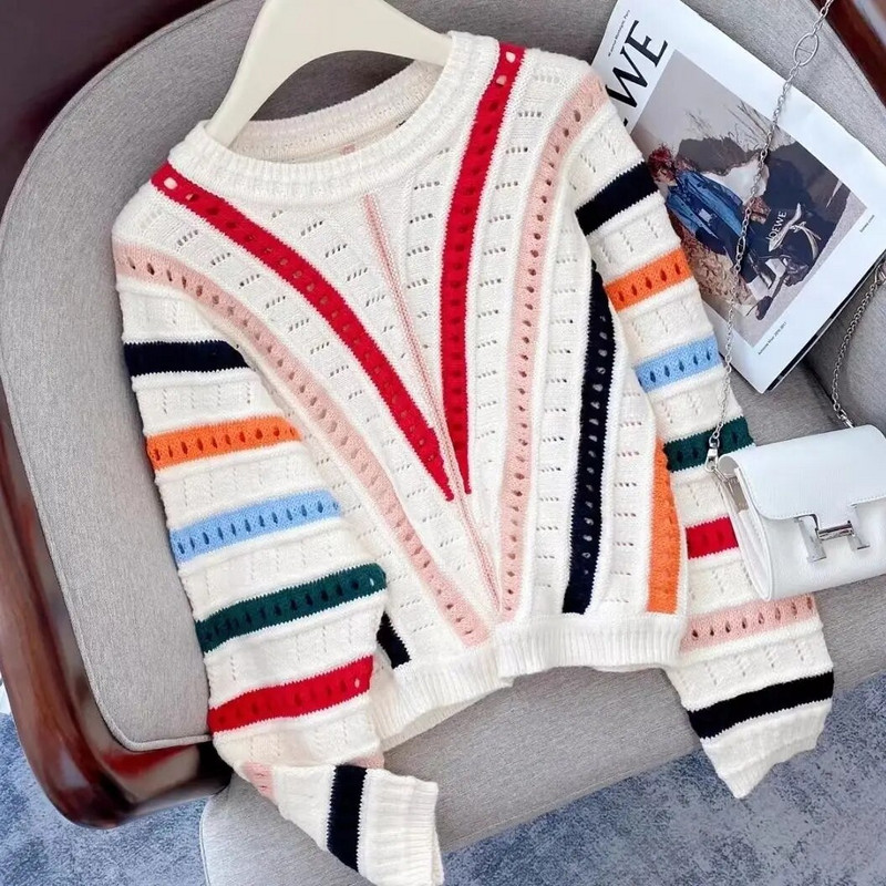 Rudens un ziemas āķis zieds Dobs Sikspārnis Piedurknes Varavīksnes Trikotāža Sieviešu svītras Korejas modes džemperis ar O veida kakla izgriezumu