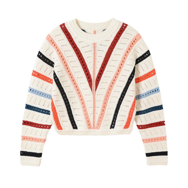 Rudens un ziemas āķis zieds Dobs Sikspārnis Piedurknes Varavīksnes Trikotāža Sieviešu svītras Korejas modes džemperis ar O veida kakla izgriezumu