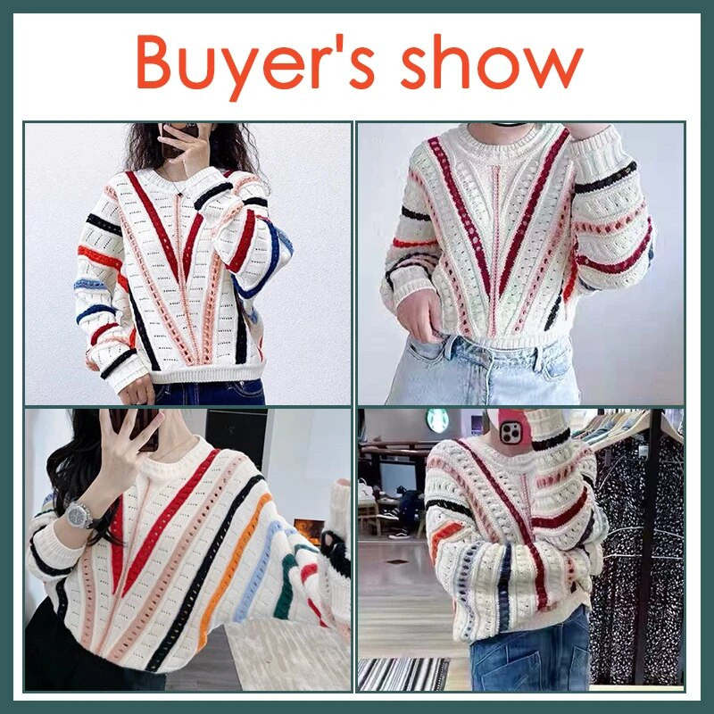 Rudens un ziemas āķis zieds Dobs Sikspārnis Piedurknes Varavīksnes Trikotāža Sieviešu svītras Korejas modes džemperis ar O veida kakla izgriezumu