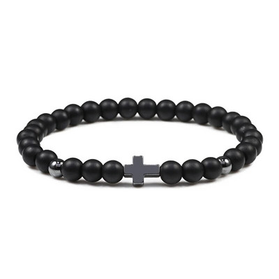 Új 6mm-es gyöngyös karkötők Charm Pave CZ Crown Ball Hematite Cross Természetes kő Fekete ónix karkötők Női Férfi Ékszerek Bileklik