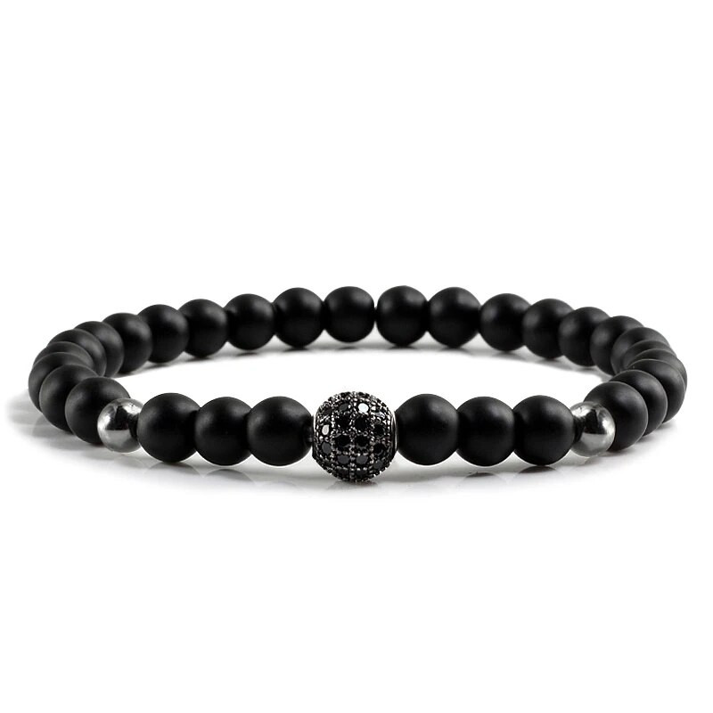 Új 6mm-es gyöngyös karkötők Charm Pave CZ Crown Ball Hematite Cross Természetes kő Fekete ónix karkötők Női Férfi Ékszerek Bileklik