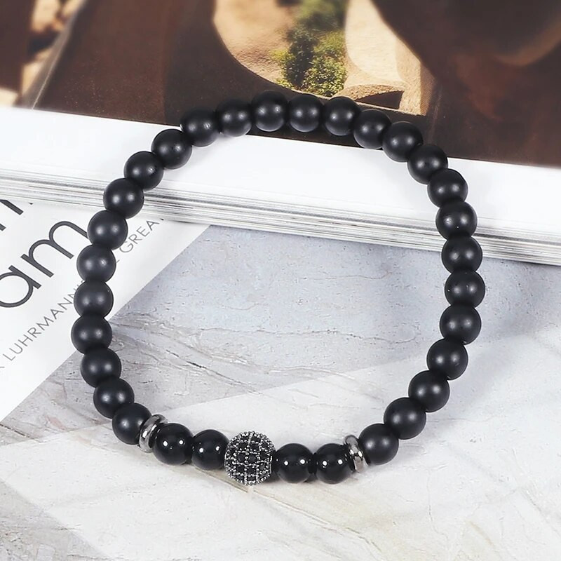 Új 6mm-es gyöngyös karkötők Charm Pave CZ Crown Ball Hematite Cross Természetes kő Fekete ónix karkötők Női Férfi Ékszerek Bileklik