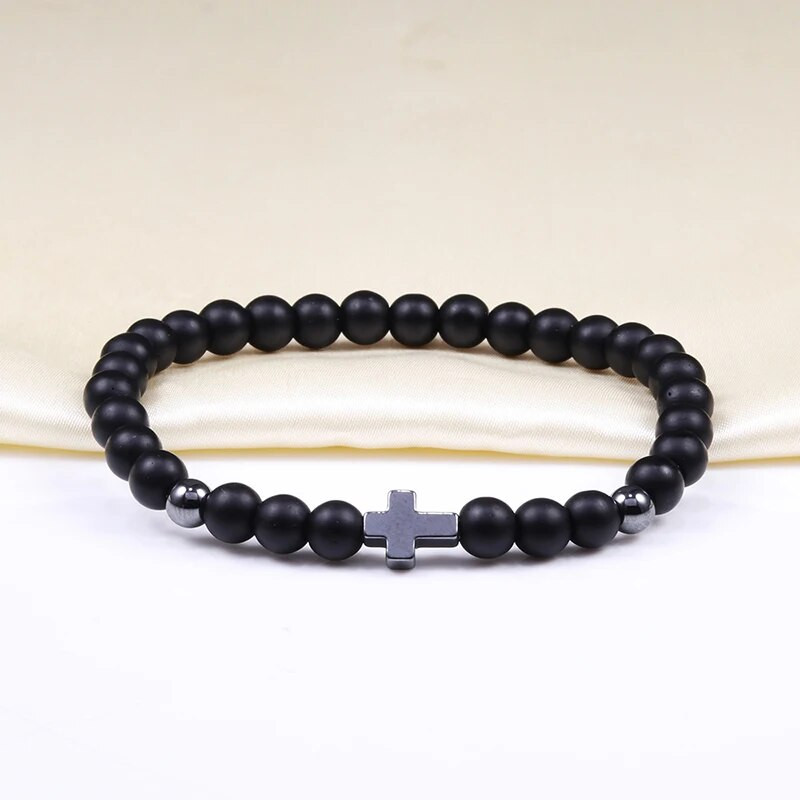 Új 6mm-es gyöngyös karkötők Charm Pave CZ Crown Ball Hematite Cross Természetes kő Fekete ónix karkötők Női Férfi Ékszerek Bileklik