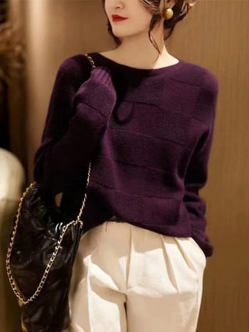 Κορεάτικο πουλόβερ γυναικεία πουλόβερ 2023 Φθινόπωρο/Χειμώνας με λαιμόκοψη vintage πλεκτά πουλόβερ με μακρυμάνικο μπλουζάκια γυναικεία πλεκτά