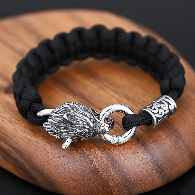 Na otvorenom Never Fade od nehrđajućeg čelika Celtic Wolf Lanyard Narukvice Muški Norse Vikings Survival Paracord Rope Bangles Homme Jewelry