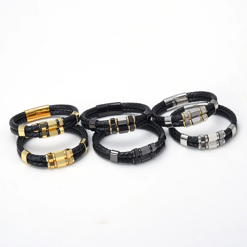 Vīriešu modes rotaslietas Daudzslāņu īstas ādas rokassprādzes Rokassprādzes Ģeometriskas nerūsējošā tērauda šarmu rokassprādzes Vīriešu dāvanas