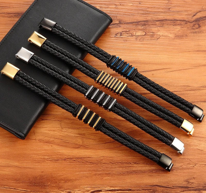 XQNI klassikalise stiili simulatsioon, roostevabast terasest luksuslik meeste nahast käevõru, 4 värvi lihtne nupp sünnipäevakingituseks