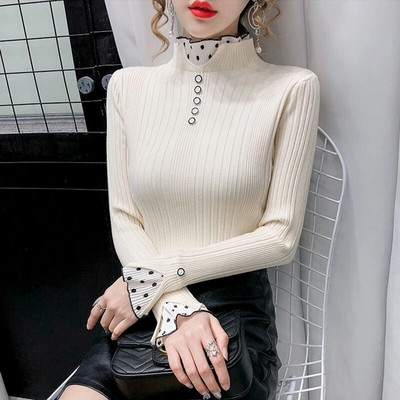 Πουλόβερ Γυναικείο ζιβάγκο με κουκκίδα στάμπα δαντέλα βολάν πουλόβερ Γυναικείο μανίκι τρομπέτας Top μασίφ πλεκτά Πουλόβερ φθινόπωρο χειμώνα