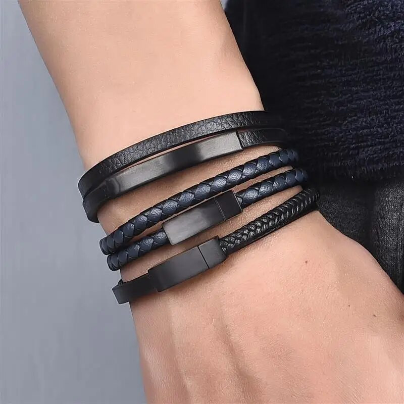 Vienkārša stila vīriešu īstas ādas rokassprādze Klasiska nerūsējošā tērauda divslāņu pinuma rokassprādzes vīriešiem, pielāgojamas rotaslietas dāvana