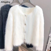 Sieviešu trikotāžas jaka, salda rudens, maiga, estētiska franču stila, klasiska V veida kakla izgriezuma sieviešu apģērbi