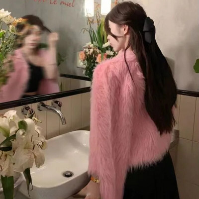 Sieviešu trikotāžas jaka, salda rudens, maiga, estētiska franču stila, klasiska V veida kakla izgriezuma sieviešu apģērbi