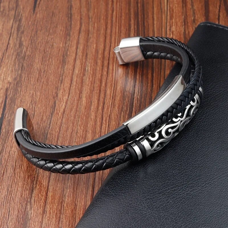 Ανδρικό λουράκι από δέρμα αγελάδας Βραχιόλι από δέρμα από ανοξείδωτο ατσάλι Δέρμα πλεκτό βραχιόλι Κοσμήματα από γνήσιο δέρμα