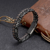 Vīriešu rokassprādze, nerūsējošā tērauda magnētiska aizdare, bieza ķēde, dubultā ādas aproce Vīriešu hiphopa rokassprādze, dāvana