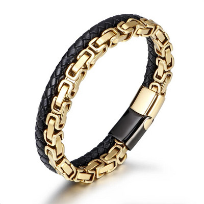 Vīriešu rokassprādze, nerūsējošā tērauda magnētiska aizdare, bieza ķēde, dubultā ādas aproce Vīriešu hiphopa rokassprādze, dāvana