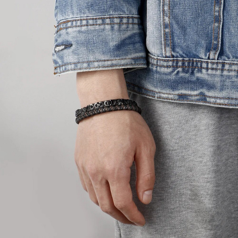 Vīriešu rokassprādze, nerūsējošā tērauda magnētiska aizdare, bieza ķēde, dubultā ādas aproce Vīriešu hiphopa rokassprādze, dāvana