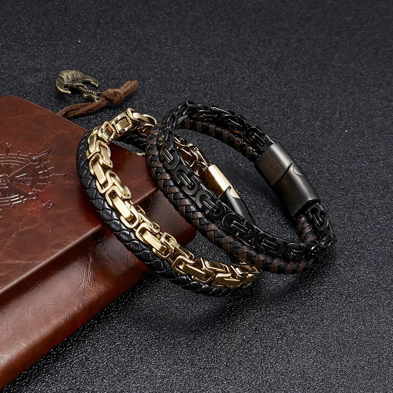 Vīriešu rokassprādze, nerūsējošā tērauda magnētiska aizdare, bieza ķēde, dubultā ādas aproce Vīriešu hiphopa rokassprādze, dāvana