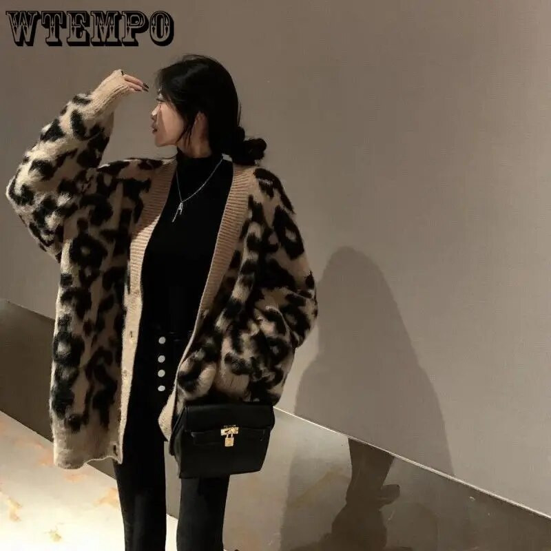 WTEMPO rudens vintage vaļīgs adījums ar V veida kakla izgriezumu sievietēm, moderns džemperis ar garām piedurknēm Lepoard džemperis sievietēm ar apdruku