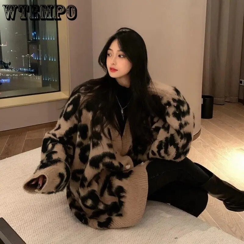 WTEMPO rudens vintage vaļīgs adījums ar V veida kakla izgriezumu sievietēm, moderns džemperis ar garām piedurknēm Lepoard džemperis sievietēm ar apdruku