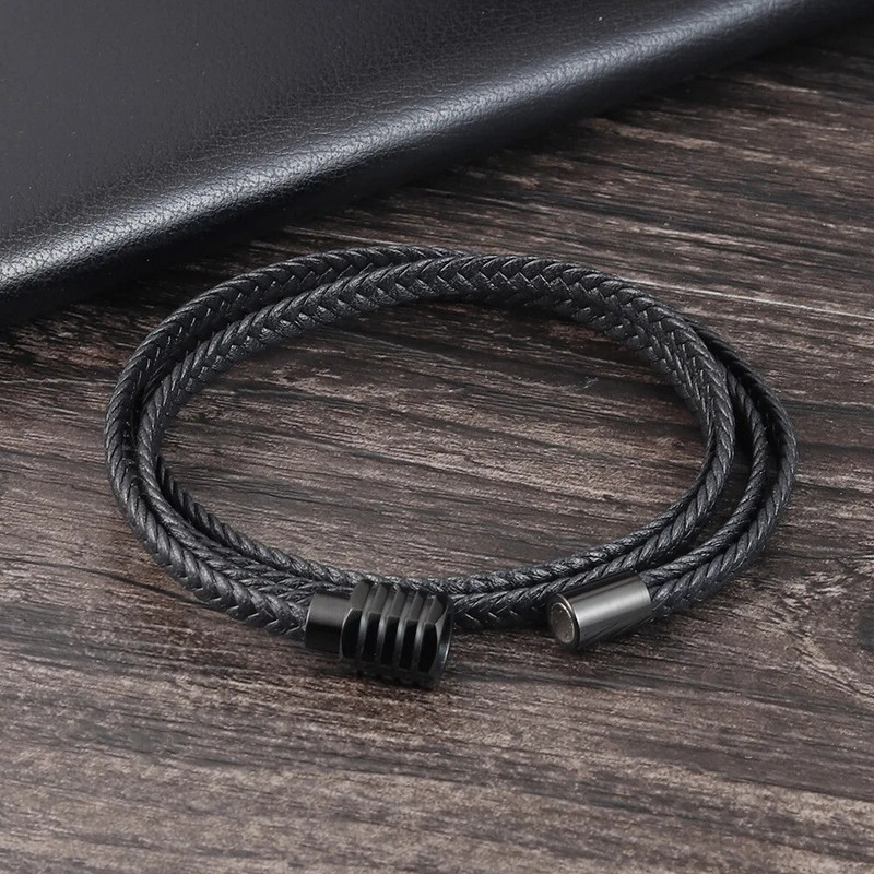 Čierny kožený náramok Pánsky viacvrstvový pletený náramok z nehrdzavejúcej ocele