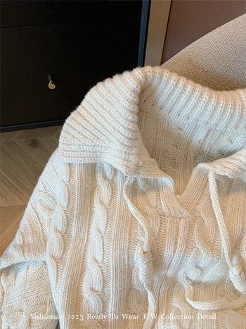 Дамски моден уютен плетен пуловер с отложна яка с дълъг ръкав Дамски пуловери от 2000-те Естетичен шик Есенно зимно улично облекло