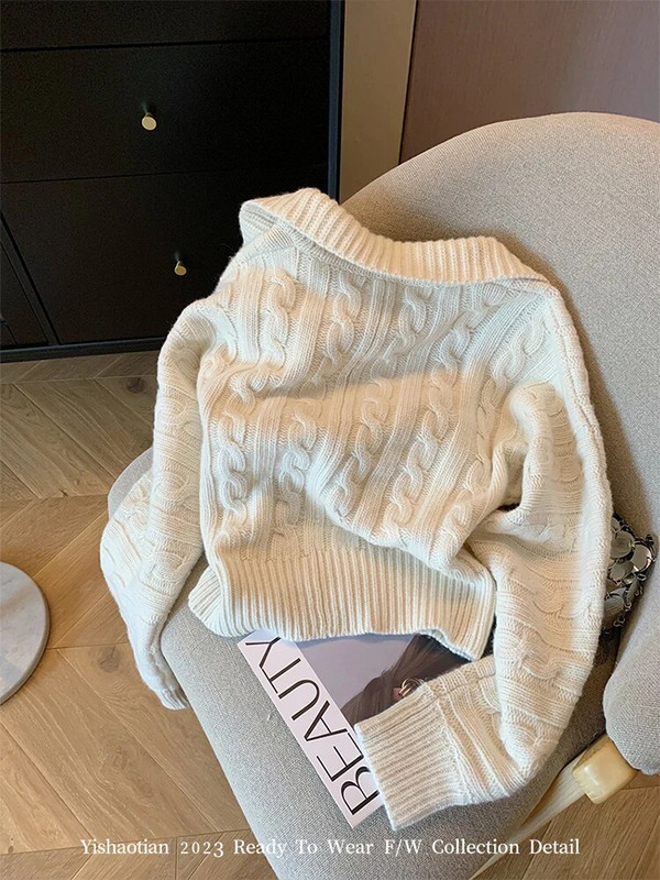 Sieviešu modes omulīgs trikotāžas džemperis ar nolaižamu apkakli ar garām piedurknēm sieviešu džemperi 2000. gadu estētiski eleganti rudens ziemas ielas apģērbi