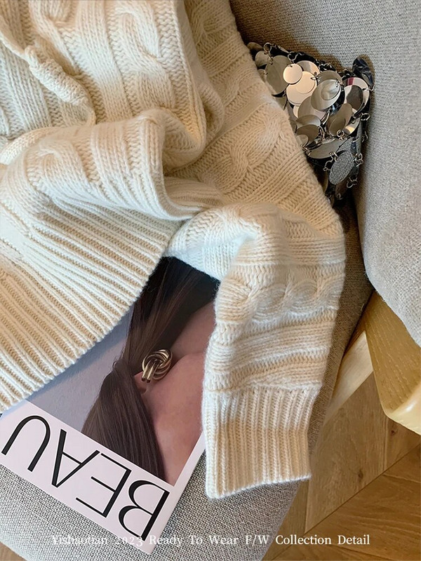 Sieviešu modes omulīgs trikotāžas džemperis ar nolaižamu apkakli ar garām piedurknēm sieviešu džemperi 2000. gadu estētiski eleganti rudens ziemas ielas apģērbi