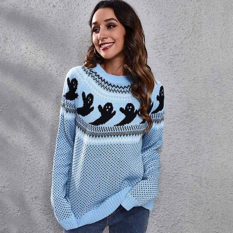 Halovīni Ghost Vintage sieviešu džemperis ar garām piedurknēm trikotāžas džemperis ziemas džemperis Sieviešu dizains puloveri trikotāžas izstrādājumi