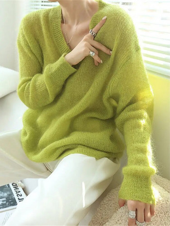 2023 Дамски пуловер от мохер с дълъг ръкав и V-образно деколте Извънгабаритни издълбани плетени пуловери Меки тънки дамски дрехи Трикотажни дрехи Jumpe